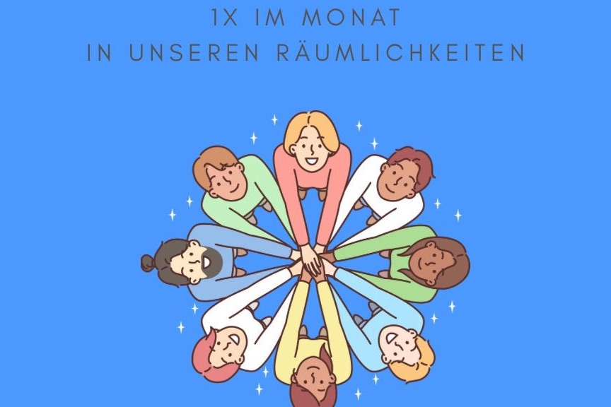 Zeichnung: Menschen stehen im Kreis und legen die Hände in der Mitte zusammen